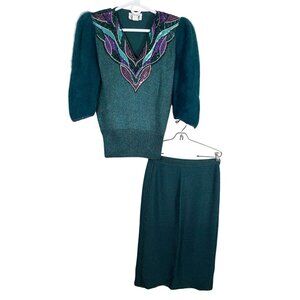 Retro Knit Mohair Sweater Set S Green Sequin Floral Glam Vintage Old Money Disco